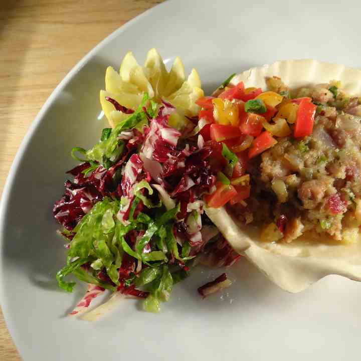 Baked chopped clams casino style with Brie