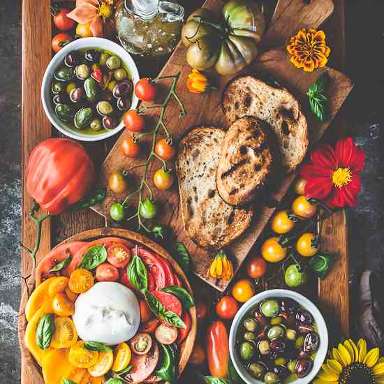 Tomato Burrata Salad w Warm Olives