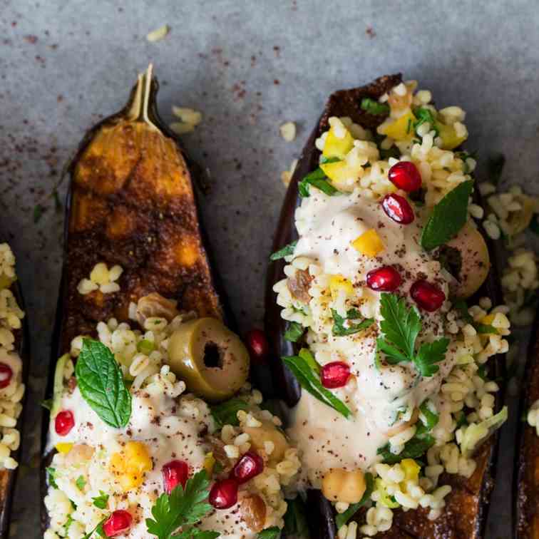 Aubergine with bulgur wheat and tahini