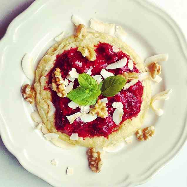 Banana pancakes with raspberry chia jam