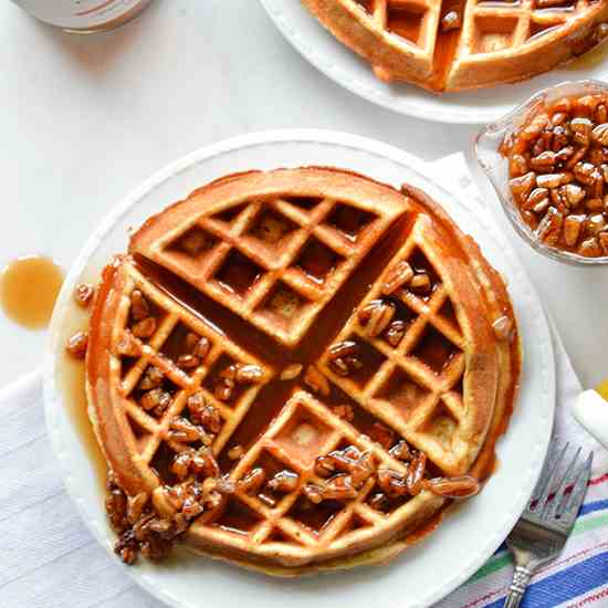 Banana Waffles with Spiced Rum Pecan Syrup