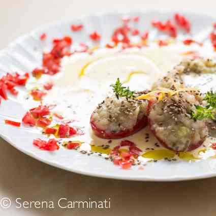 Smoked aubergine puree with egg sauce and