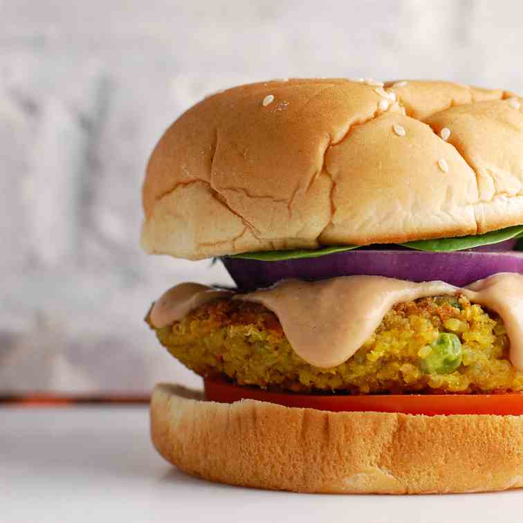 Quinoa Burger with Peas and Carrots