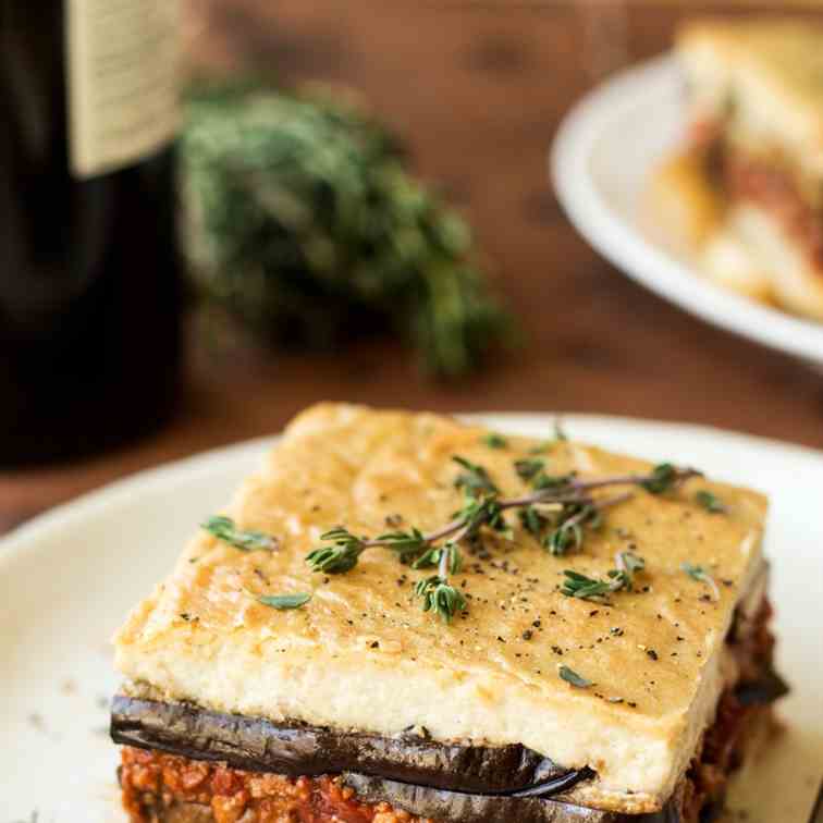 Vegan moussaka with creamy bechamel