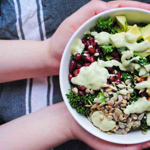 Halloumi Kale Salad with Avocado Dressing