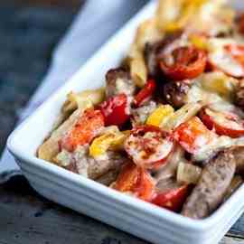 Grilled pasta with baby bangers & peppers
