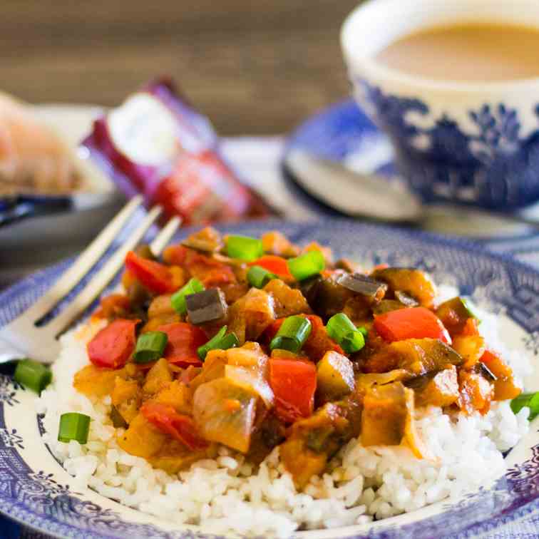 Sweet and Sour Savory Eggplant on Rice