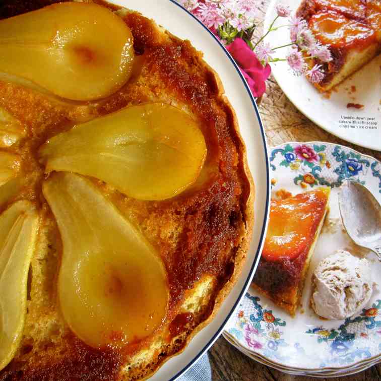 Upside-down caramelised pear cake