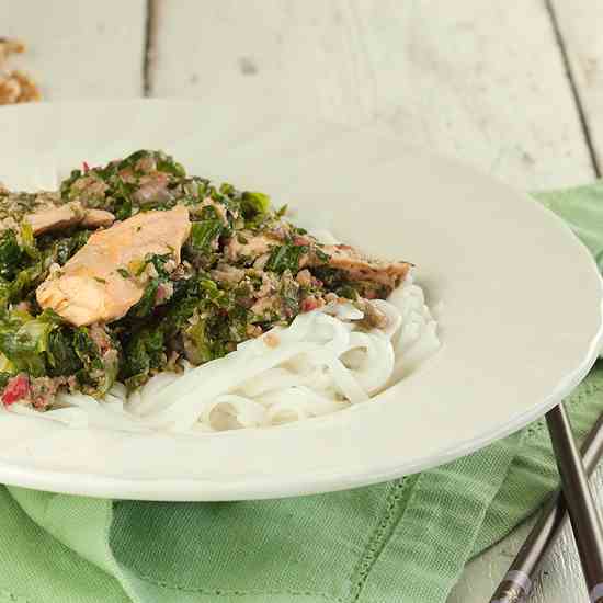 Salmon with escarole and rice noodles