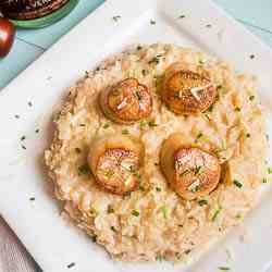 Baked Peach-Champagne Risotto w/ Scallops