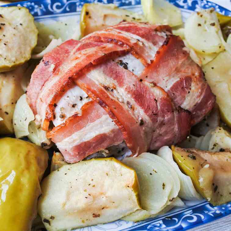Roasted Pork Loin w- bacon, apples - onion