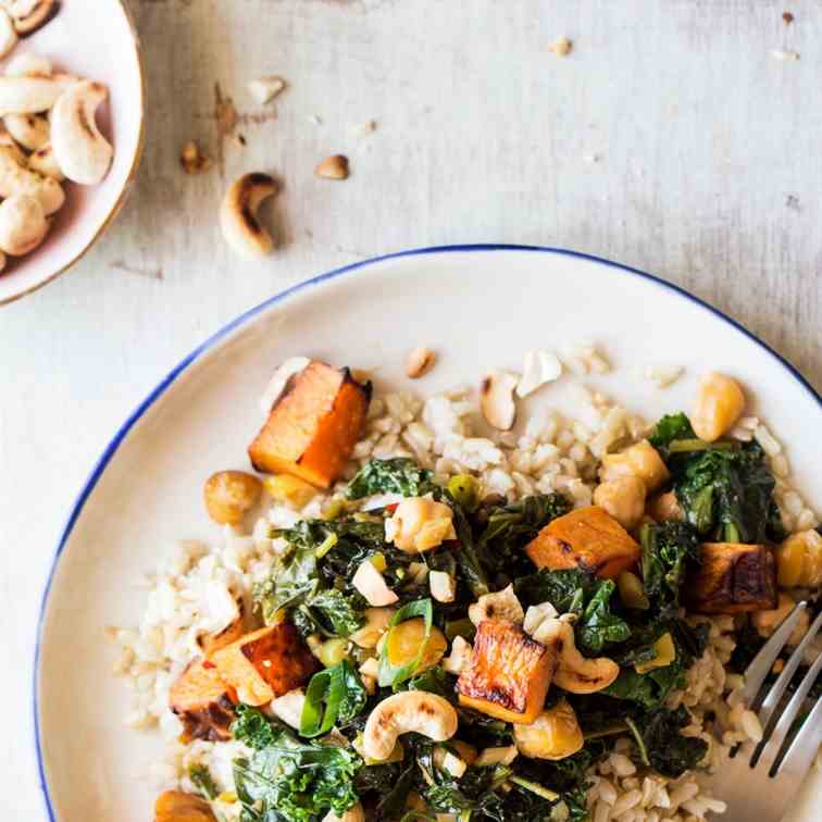 Sweet potato hash with kale and miso
