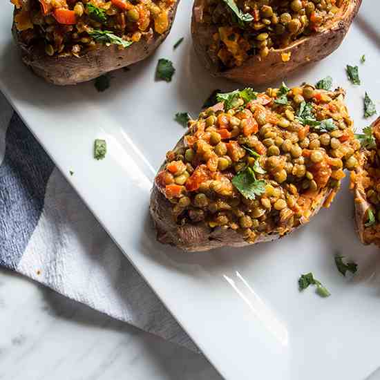 Vegan Lentil Curry Stuffed Sweet Potatoes