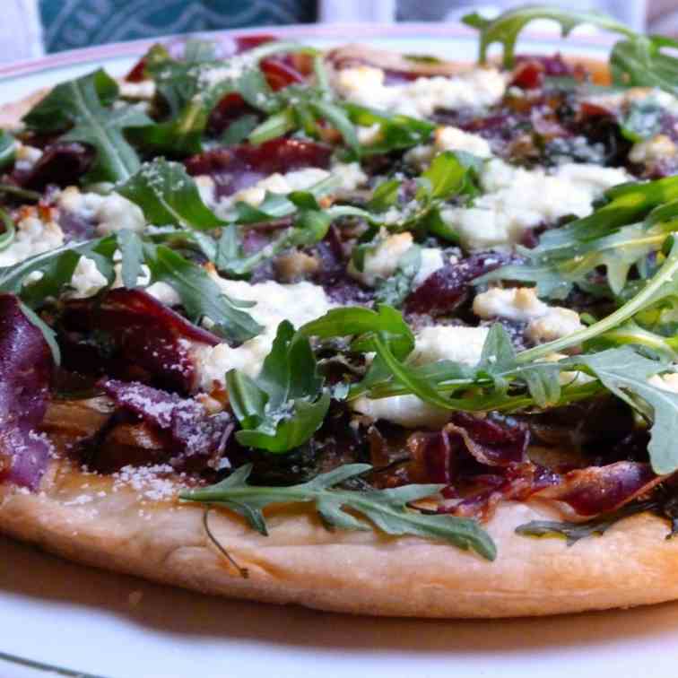 Coppa, Arugula, and Goat Cheese Pizza.