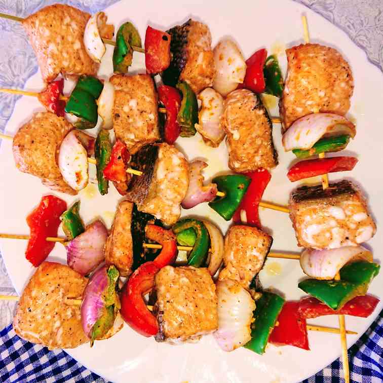 Baked salmon kebabs