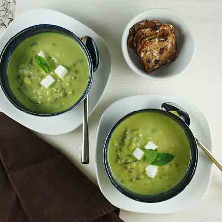 Pea, Edamame and Mint Soup with Feta