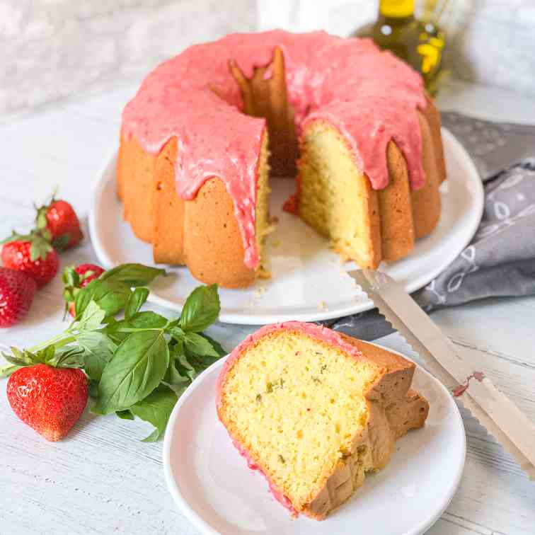 Basil Olive Oil Cake with Strawberry Glaze