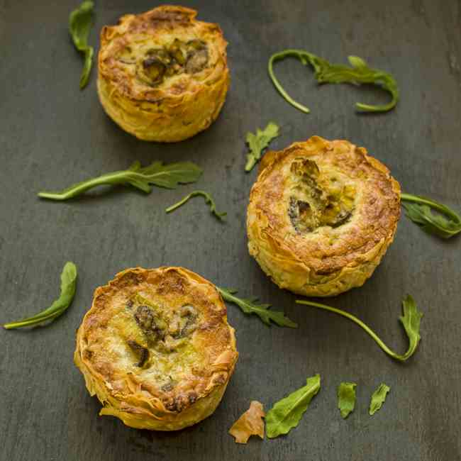 leek, mushroom and tarragon filo tartlets