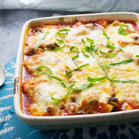 Cheesy Veggie Pesto Polenta Bake