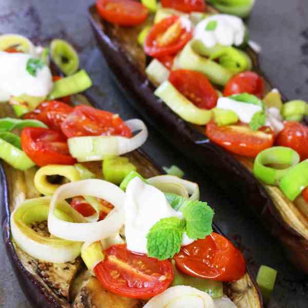 Eggplant Boats with Balsamic Glaze + Leeks