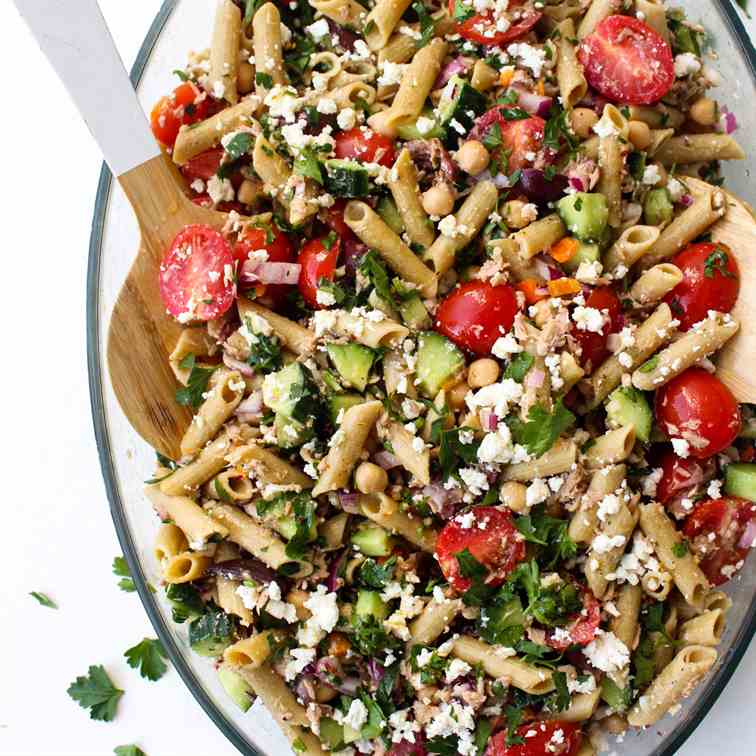 Mediterranean Tuna Chickpea Pasta Salad