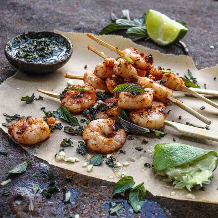 Prawn skewers and mint pesto