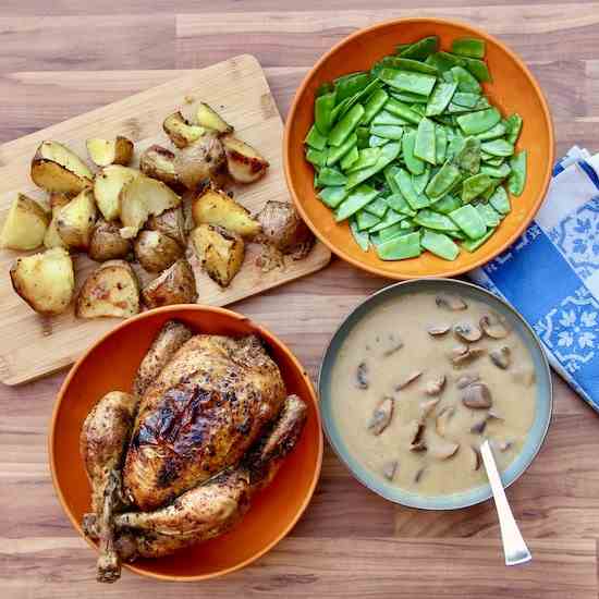 Roast Chicken Dinner with Mushroom Gravy