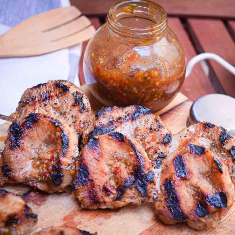 Grilled Pork Skewers with Jerk Sauce