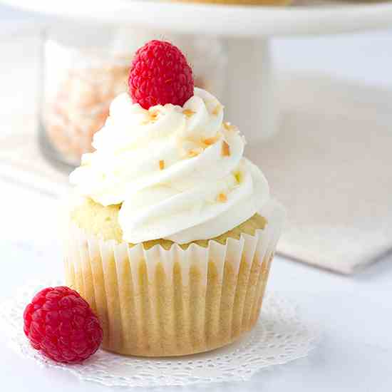 Coconut Cupcakes with Raspberry Filling