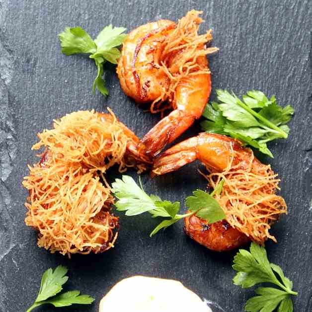 Kataifi shrimp with harissa dip