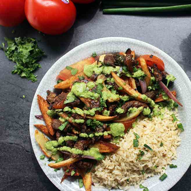 Peruvian Lomo Saltado with Aji Sauce